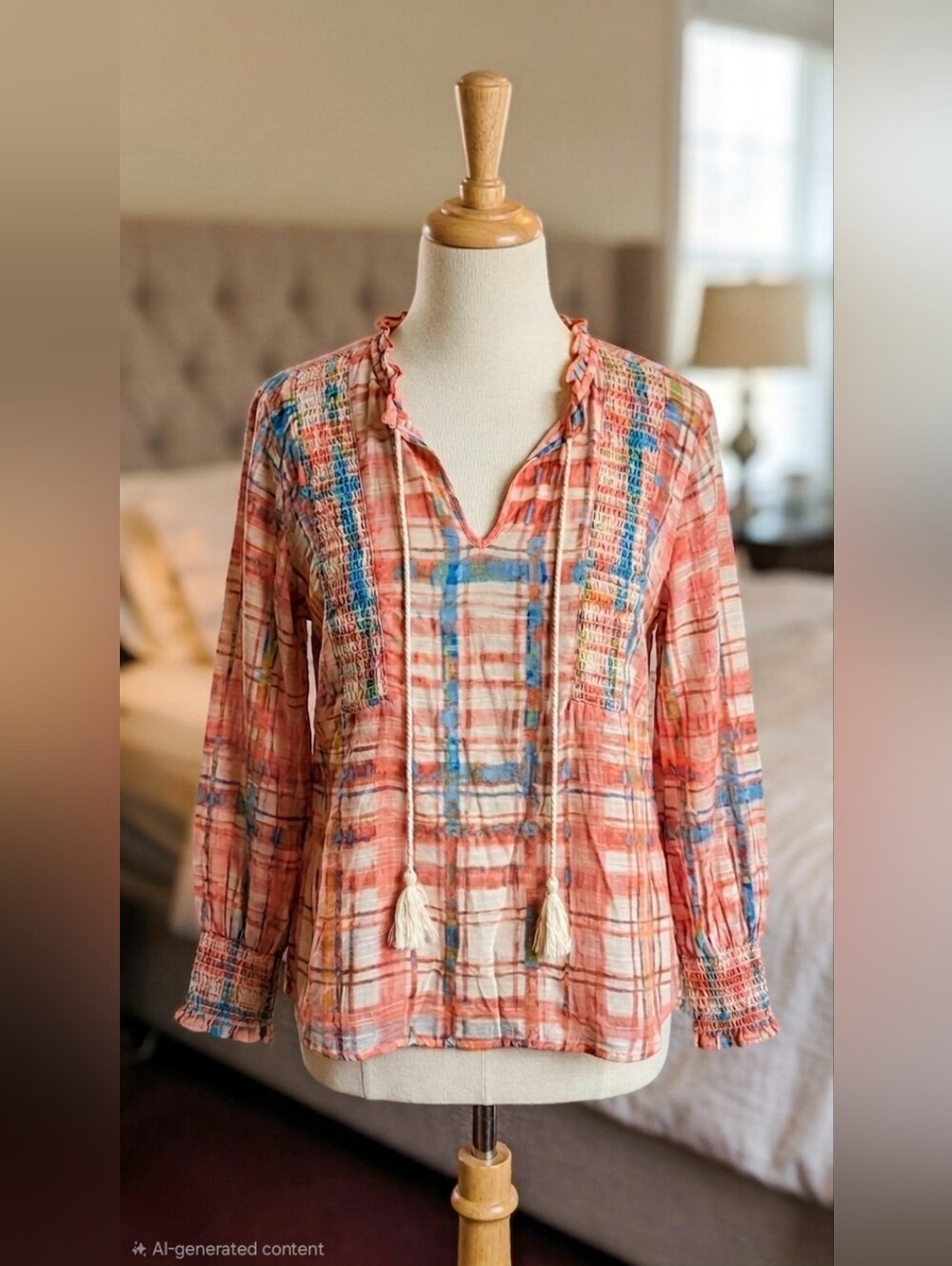 Boho-Chic Sharagano Plaid Blouse - Size S